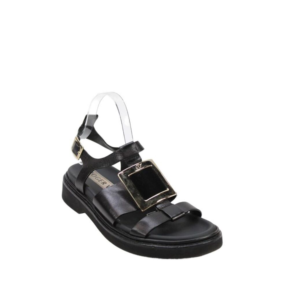 Roger Vivier Women's Leather Gold Embellish Strappy Buckle Sandals Black Size 10